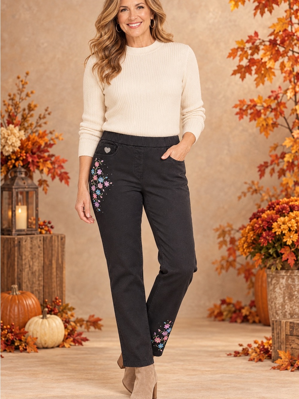 Black Straight-Leg Jeans with Pink & Blue Floral Embroidery